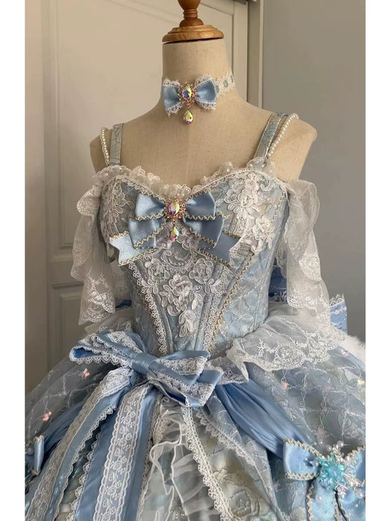 Dreamy Light - Blue Lolita Grand Ball Gown with Intricate Lace and Elegant Bow Decorations