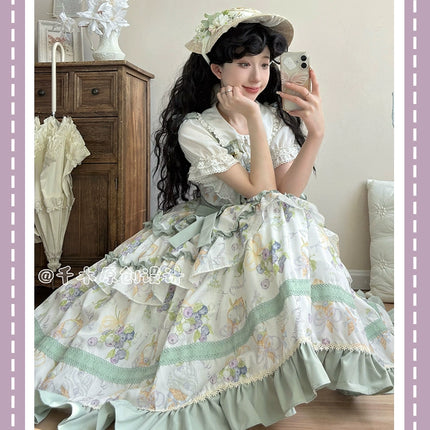 Pastel - hued Vintage - inspired Lolita Dress with Delicate Ruffles and Adorable Cartoon Prints