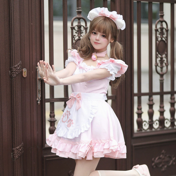 S-XXXXXL Pink Maid Cos Costume with Cat's Paw Apron OP Kitty Lolita Dress