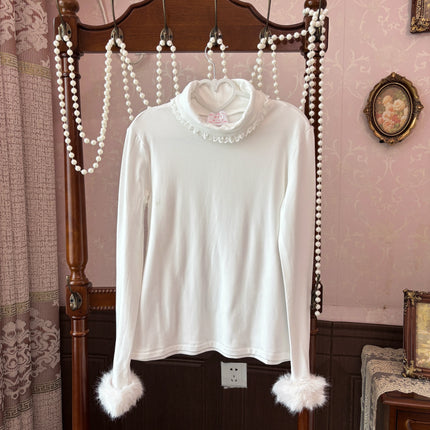 Velvety - soft White Turtleneck with Fluffy Cuffs for Cozy Elegance