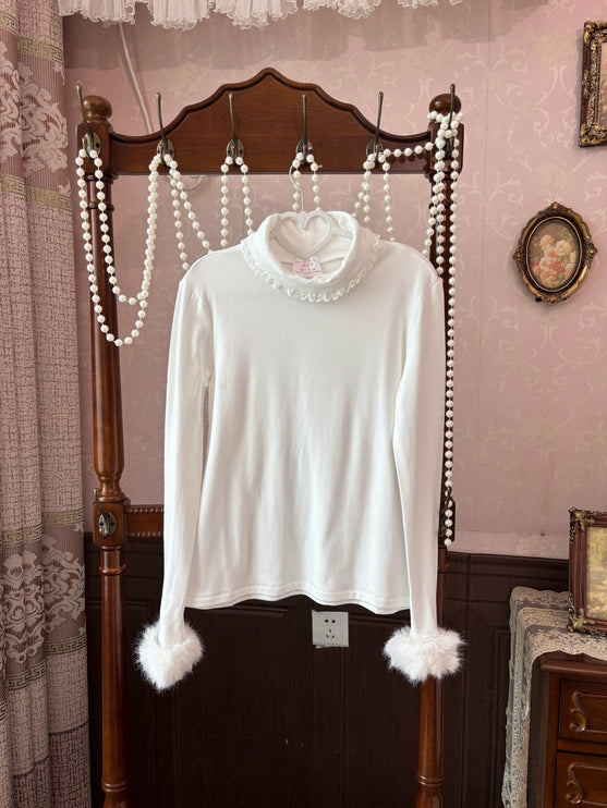Velvety - soft White Turtleneck with Fluffy Cuffs for Cozy Elegance