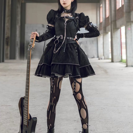 Original Punk Style JSK Corset Dress with Detachable Sleeves, Lace Trim, and Metal Chain Accents