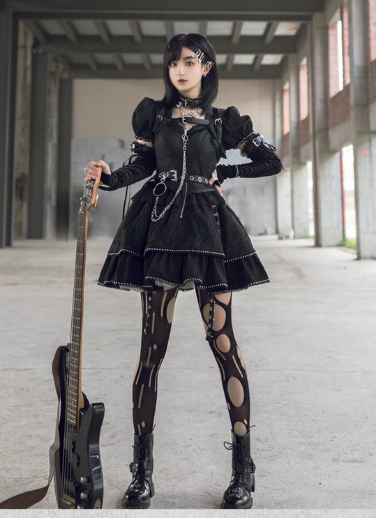 Original Punk Style JSK Corset Dress with Detachable Sleeves, Lace Trim, and Metal Chain Accents