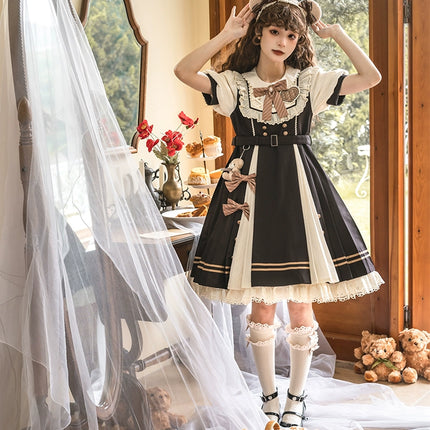 Cocoa Charm Lolita Dress - Elegant Short Sleeve OP with Striped Bow and Teddy Accent