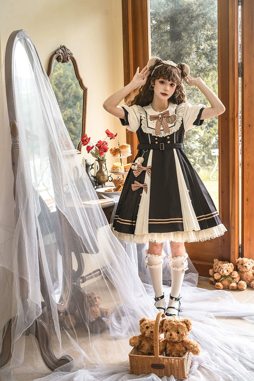 Cocoa Charm Lolita Dress - Elegant Short Sleeve OP with Striped Bow and Teddy Accent