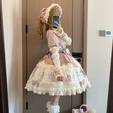 S-2XL Classic Doll-Inspired OP Lolita Dress with Lace Trim and Bow Accents - Available in Lavender, Matcha Green, and Pink