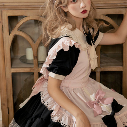 Sweet Pink Lolita Apron with Puff Sleeves OP Maid Lolita Dress