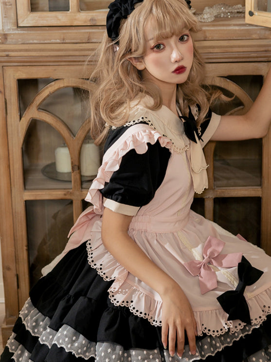 Sweet Pink Lolita Apron with Puff Sleeves OP Maid Lolita Dress