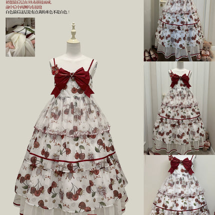 S-2XL Cherry Blossom Delight Lolita Dress – Sweet Vintage Print JSK/OP in Black, Red, Gray & White