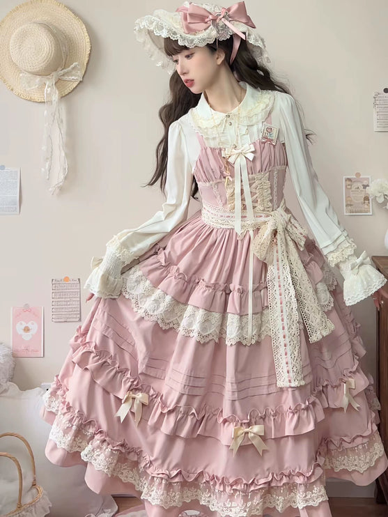 Lolita Pink Delight: Layered Ruffles, Lace - Trimmed Dream Dress for Ethereal Style