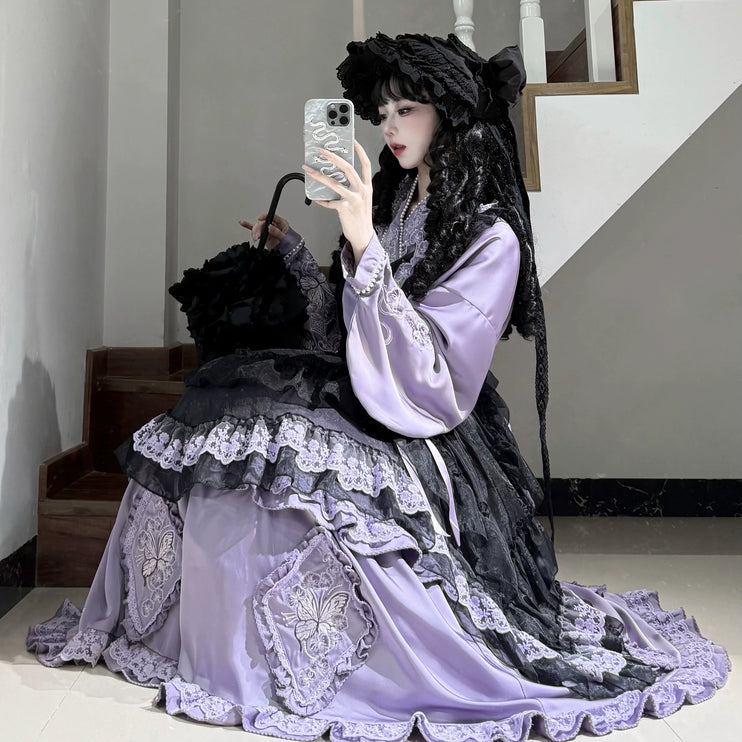Elegant Purple and Black Lolita Dress with Intricate Lace Details