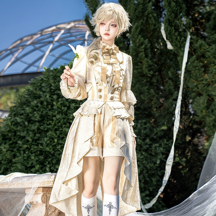 Ouji Fashion Regal Prince Lolita Ensemble: Cream and Gold Majesty for Themed Events
