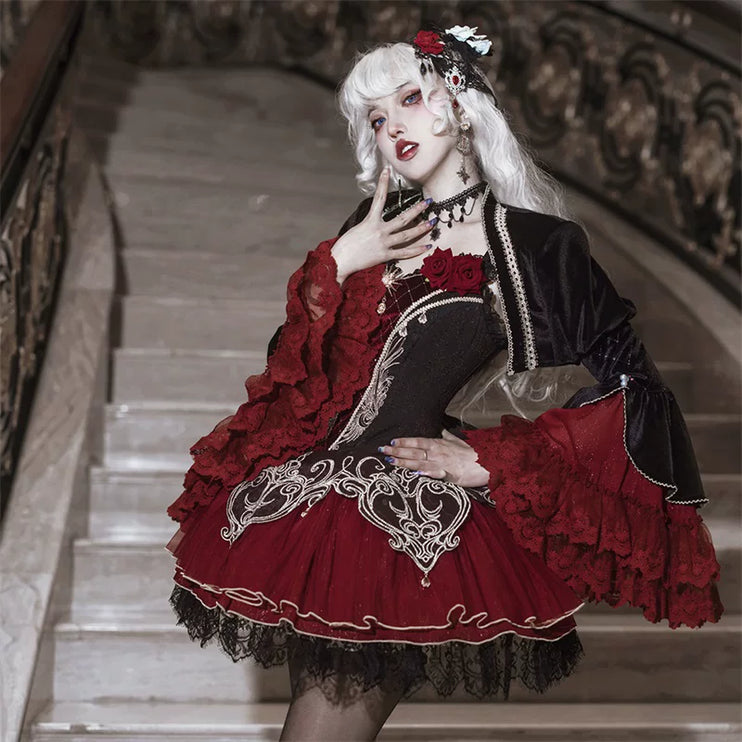 Gothic - Lolita Dress: Red & Black Elegance with Intricate Embroidery and Fluffy Sleeves