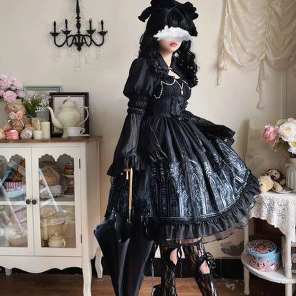 [Silent Night Church] Dark Gothic Elegance Lolita Dress with Lace and Pearl Accents