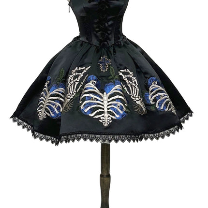 S-XL Skeleton Fishbone Skirt JSK Embroidered Beaded Dark Mysterious Dress Lolita Gown