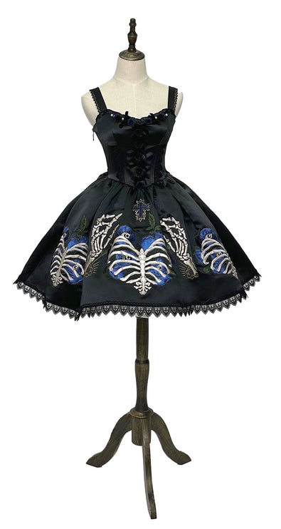 S-XL Skeleton Fishbone Skirt JSK Embroidered Beaded Dark Mysterious Dress Lolita Gown