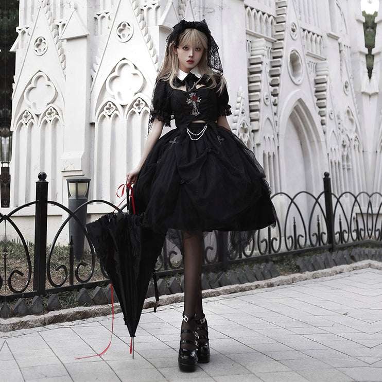 Midnight Rose Gothic Lolita Set - Embroidered Cutout Blouse with Cross and Pearl Accents