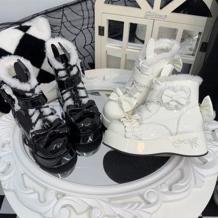 Furry - trimmed Lolita Boots with Bow - buckle and Thick Platform