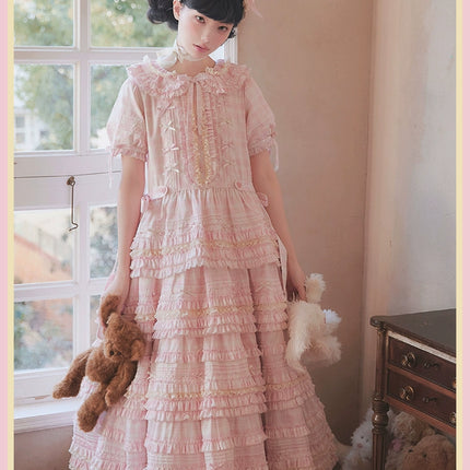 Pastel Pink Checkered Lolita Dress with Ruffled Skirt and Delicate Embellishments