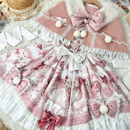 Lolita Capelette Dress Set with Bow - detail and Lace Trim, Pastel Pink and White Color Scheme