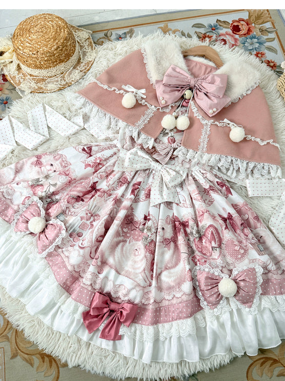 Lolita Capelette Dress Set with Bow - detail and Lace Trim, Pastel Pink and White Color Scheme