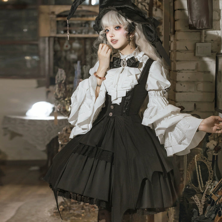 Gothic Sorceress Lolita Set - Witch-Inspired Suspender Dress with Ruffled Blouse and Enchanted Hat