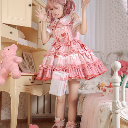 S-XXL Strawberry Party Jumper Skirt JSK Spring/Summer Pink Lolita Dress Set