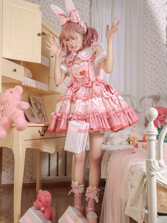 S-XXL Strawberry Party Jumper Skirt JSK Spring/Summer Pink Lolita Dress Set