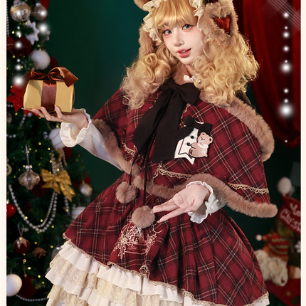 Chestnut Bear Cocoa Lolita Christmas Plaid Cloak JSK — Winter Vibe