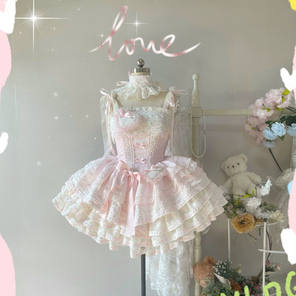 Whimsical Pastel Lolita Dress with Embroidered Animal Motifs and Ruffled Skirt