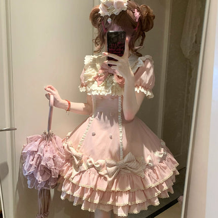 Vintage-Inspired Pink Tiered OP Lolita Dress with Striped Bows