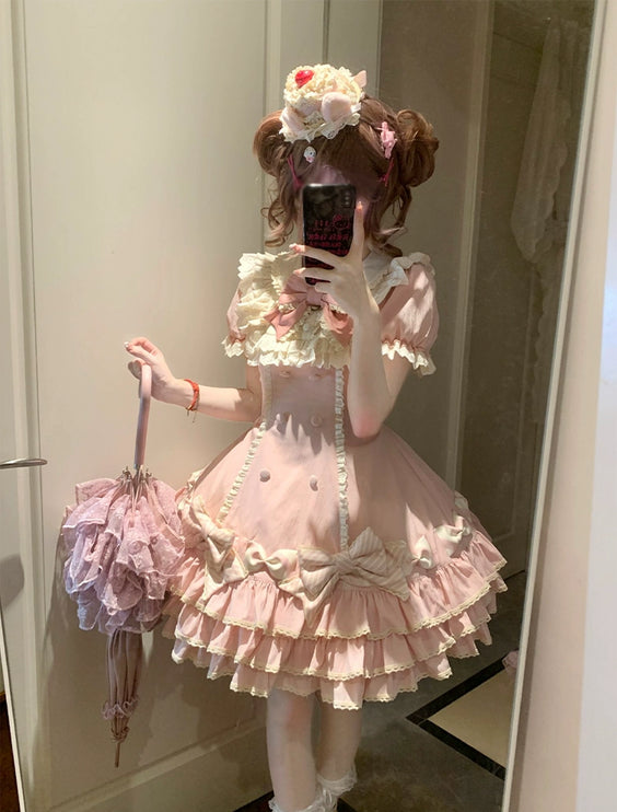 Vintage-Inspired Pink Tiered OP Lolita Dress with Striped Bows