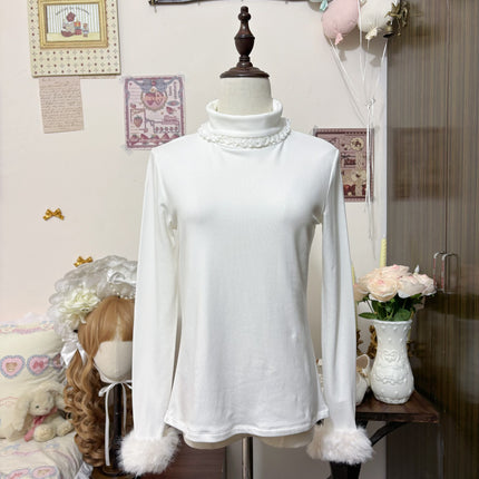Velvety - soft White Turtleneck with Fluffy Cuffs for Cozy Elegance