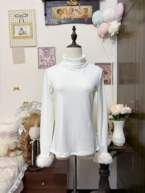 Velvety - soft White Turtleneck with Fluffy Cuffs for Cozy Elegance