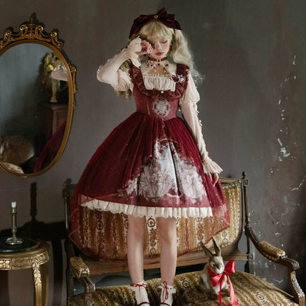 Baroque Fantasy Lolita Dress - Royal Red JSK with Woodland Creature Motifs