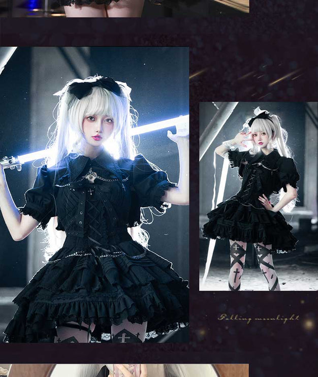 Vintage-Inspired Black&White Lolita JSK with Intricate Details and Versatile Styling