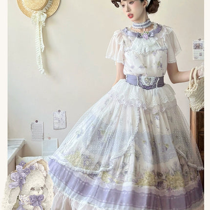 French Country Chic CLA Lolita JSK Dress – Purple & White Lace Bell Sleeve OP