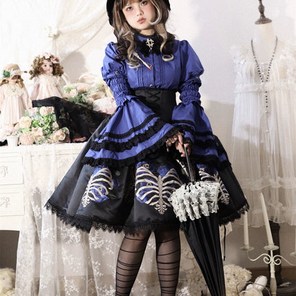 S-XL Skeleton Fishbone Skirt JSK Embroidered Beaded Dark Mysterious Dress Lolita Gown