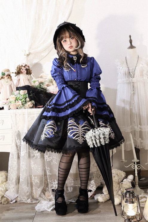 S-XL Skeleton Fishbone Skirt JSK Embroidered Beaded Dark Mysterious Dress Lolita Gown