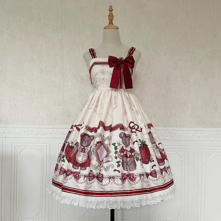 Christmas Teddy Bear Lolita JSK –New Year's Festive Strawberry Print Lolita Dress with Red Bow Accents