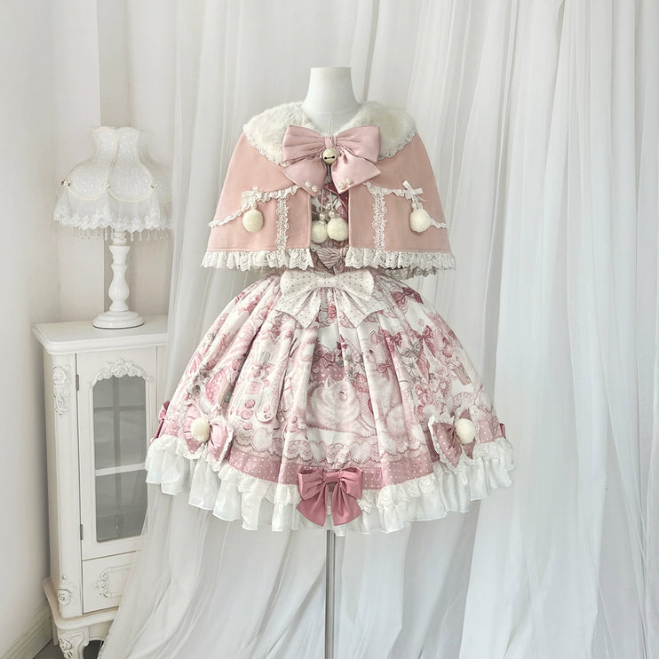 Lolita Capelette Dress Set with Bow - detail and Lace Trim, Pastel Pink and White Color Scheme