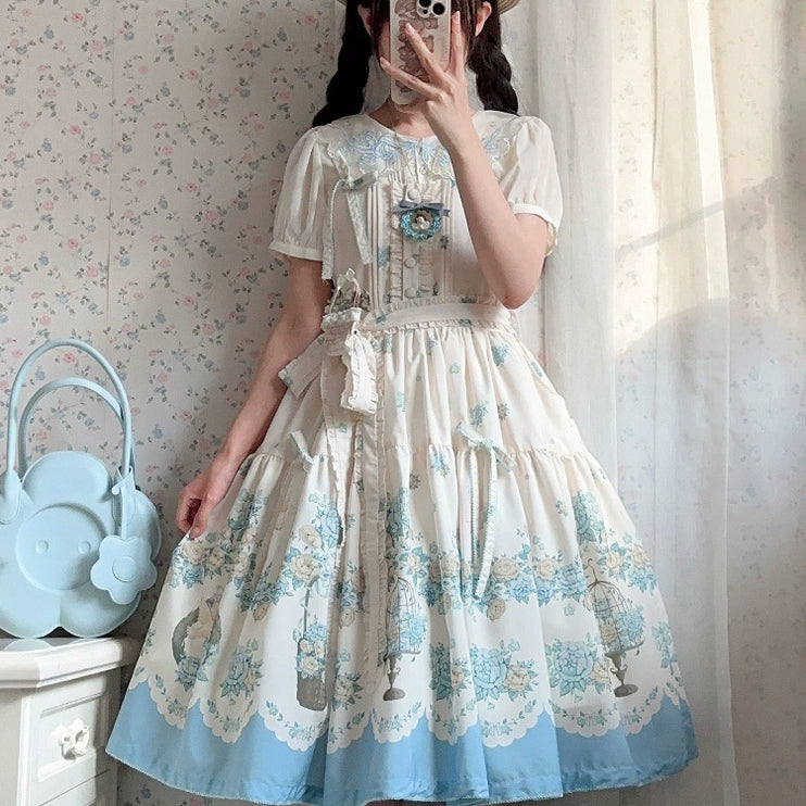 Bluebird Garden Lolita JSK – Elegant Floral Print Cla Series Dress with Waist Tie and Scalloped Hem