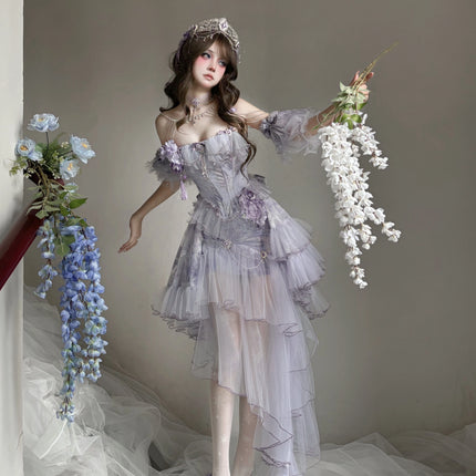 Dreamy Lavender Lolita Gown with Floral Embellishments, Layered Tulle Skirt