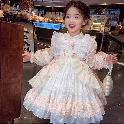 Charming Pastel Pink Lolita Dress for Girls - Floral Embellished, Multi-Layered Skirt, Perfect for Tea Parties and Special Occasions