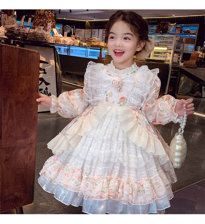 Charming Pastel Pink Lolita Dress for Girls - Floral Embellished, Multi-Layered Skirt, Perfect for Tea Parties and Special Occasions