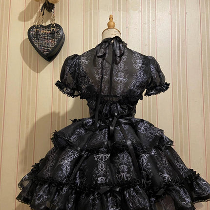 Black With Ornate White Embroidery Ballet Elegance Puffy Princess Dress Lolita JSK