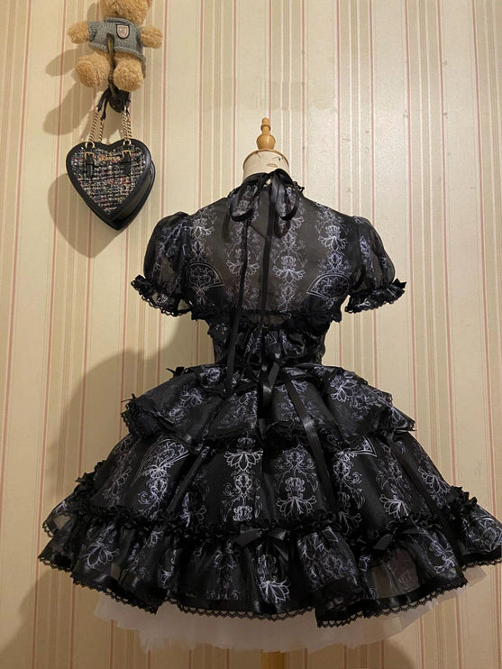 Black With Ornate White Embroidery Ballet Elegance Puffy Princess Dress Lolita JSK