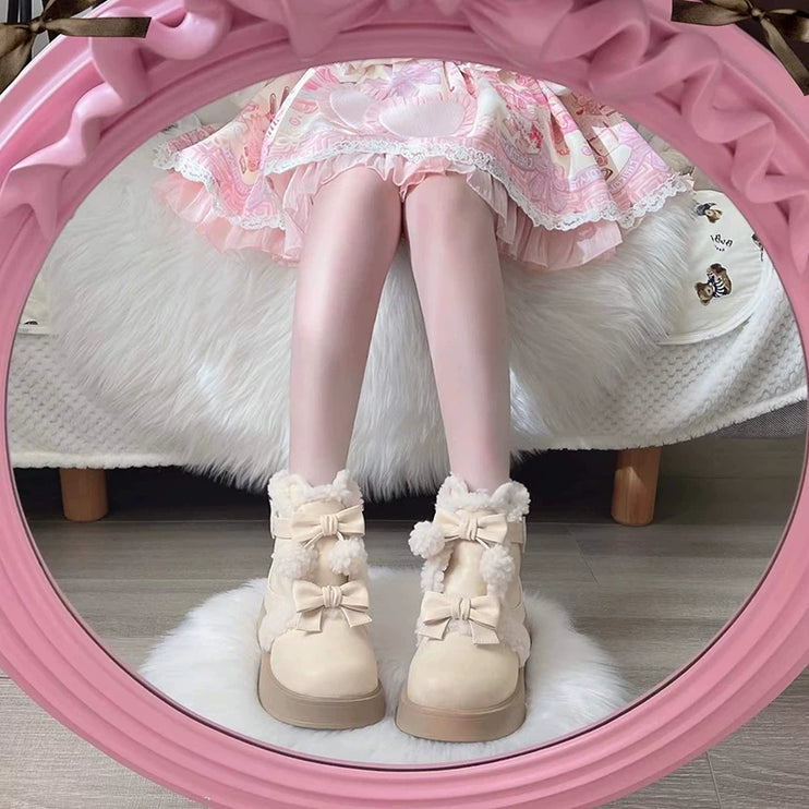 Fluffy - trimmed Ankle Boots with Adorable Bows, Ultra - cozy & Stylish