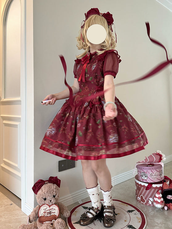 S-2XL Cherry Blossom Delight Lolita Dress – Sweet Vintage Print JSK/OP in Black, Red, Gray & White