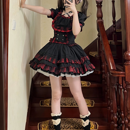 Punk Rock Lolita Two-Piece Skirt Set – Bold Plaid Accents & Lace Trim Gothic Ensemble